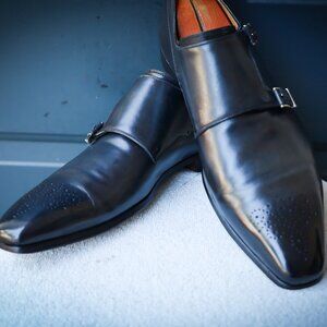 Magnanni 9-M Dark Blue Monk Strap Burnished Mens Dress Shoes